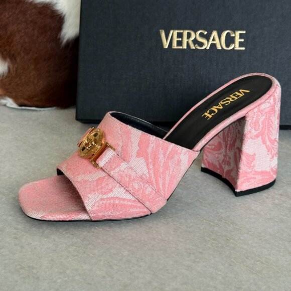 VERSACE 1014747 Women's Medusa Mule Jacquard Pink Fabric Sandals heels - Picture 8 of 12